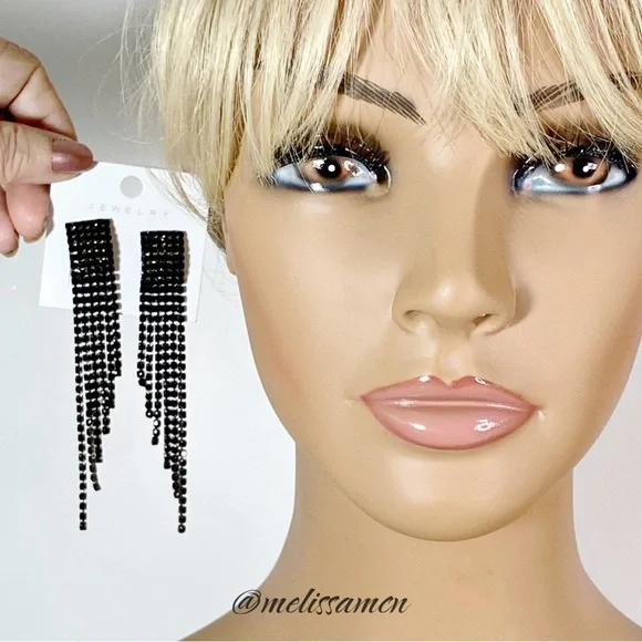 Black Rhinestone Tassel Fringe Earrings - Picture 4 of 4